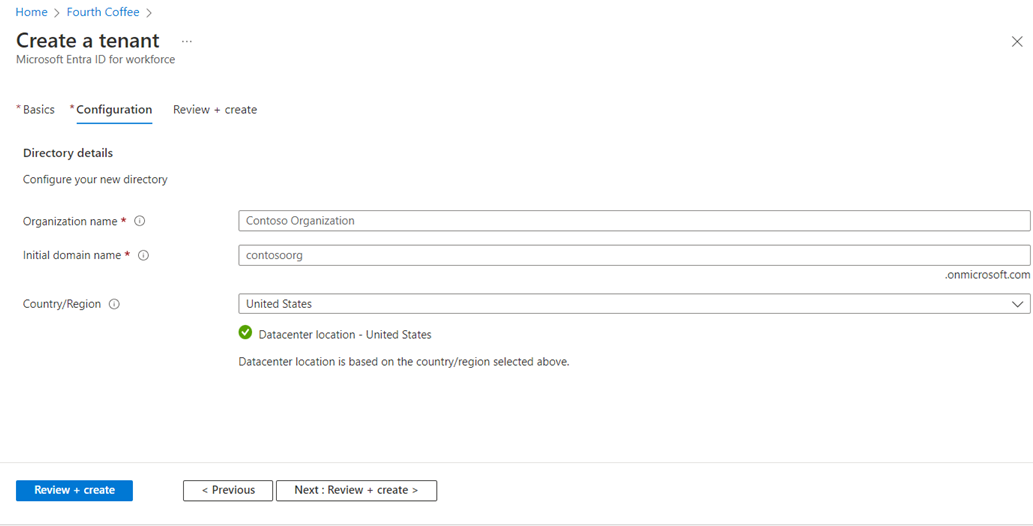 Capture d’écran de Microsoft Entra ID : page Créer un tenant – Onglet de configuration.