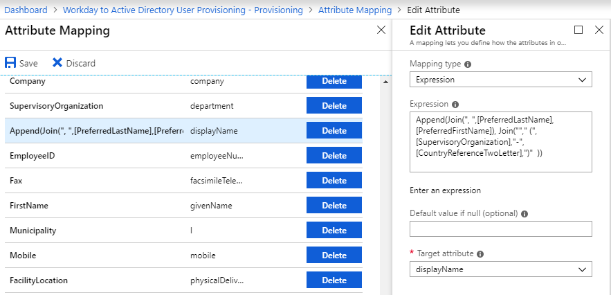 Capture d’écran du mappage de DisplayName.