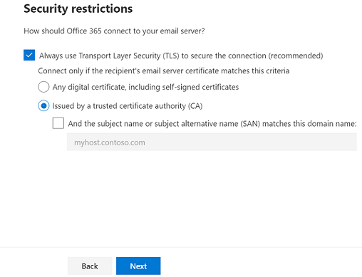 Écran sur lequel les paramètres TLS sont définis.