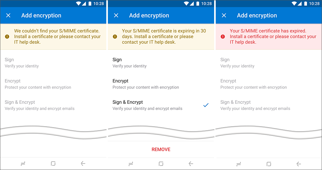 Captures d’écran montrant des avertissements concernant l’expiration du certificat.