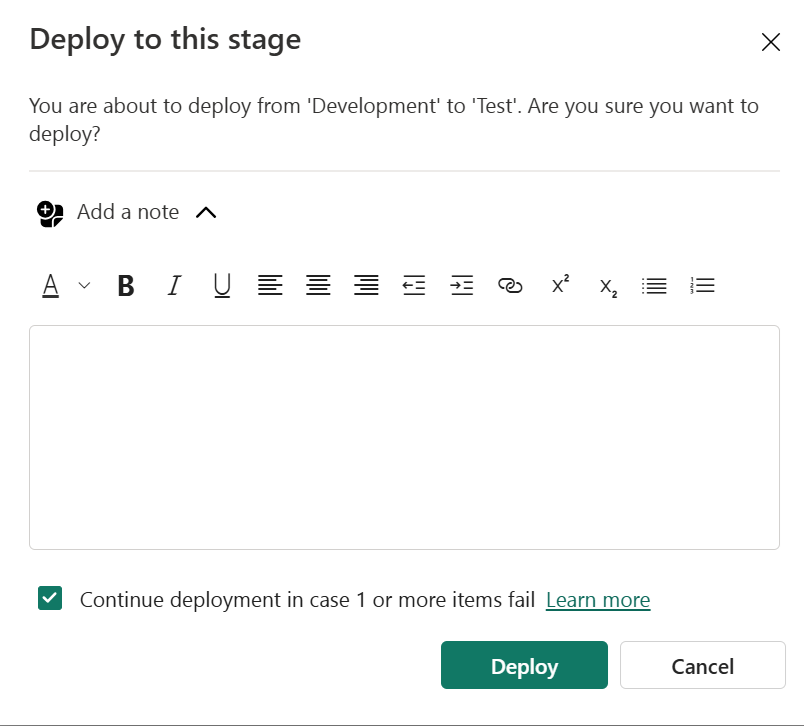 Capture d’écran de la fenêtre contextuelle de déploiement avec l’option Ajouter une note développée.