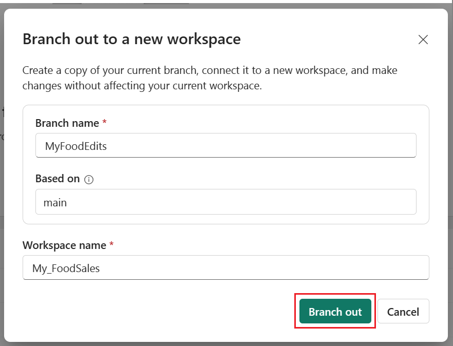 Capture d’écran de la branche indiquant le nom de la nouvelle branche et de l’espace de travail.