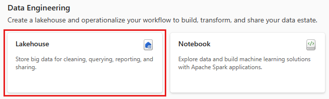 Capture d’écran montrant l’option lakehouse sur la page Créer des Ingénieurs de données.
