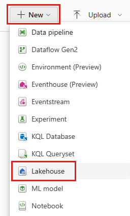 Capture d'écran montrant l'option Lakehouse dans le menu Nouveau.