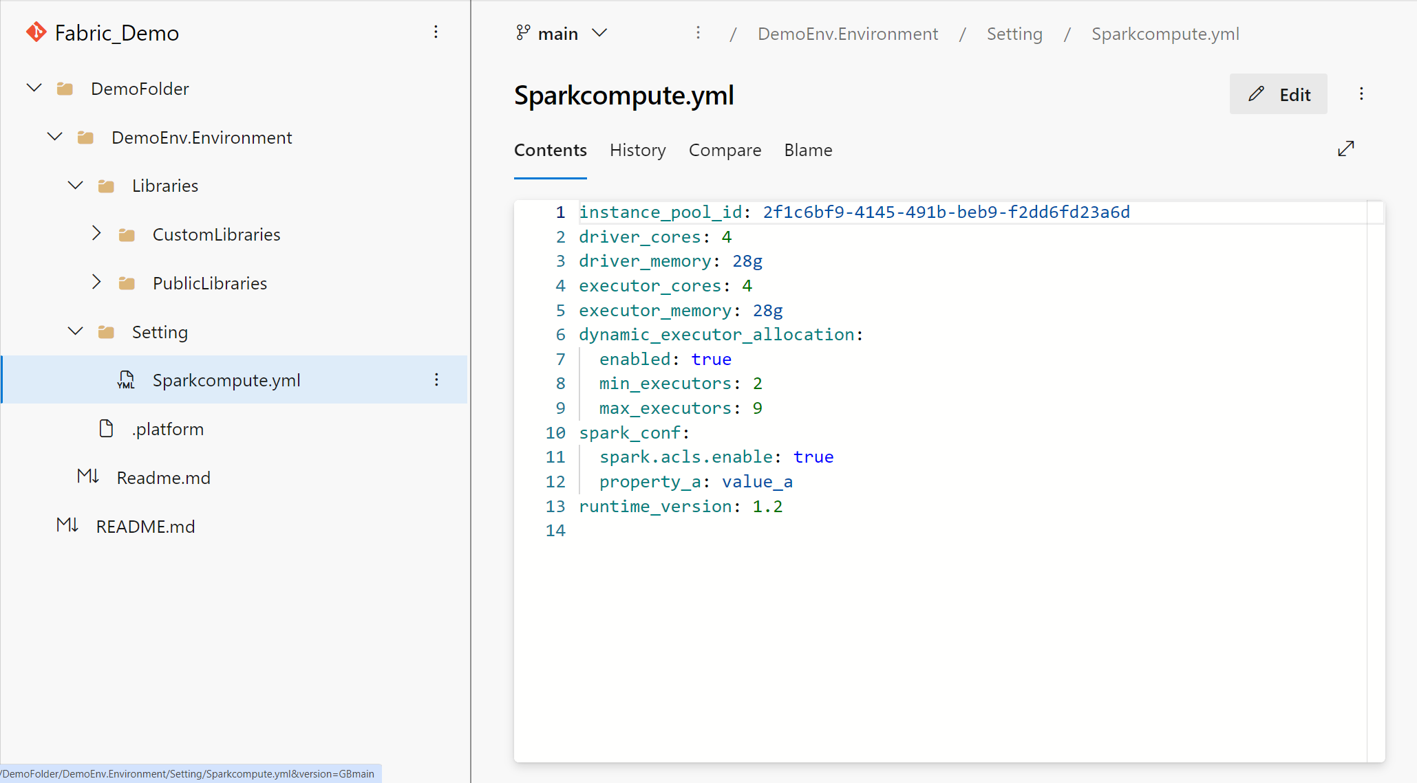 Capture d’écran de la représentation locale de calcul Spark de l’environnement dans Git.