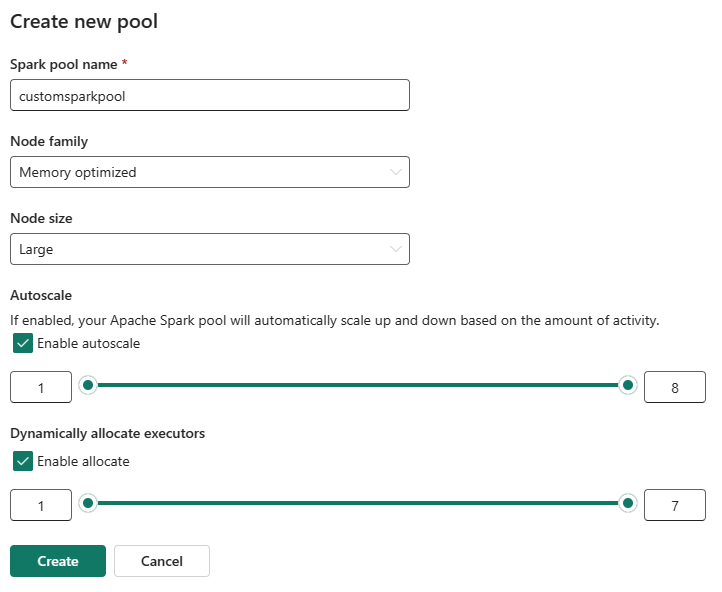 Capture d’écran montrant les options de création de pool personnalisées pour la mise à l’échelle automatique et l’allocation dynamique.