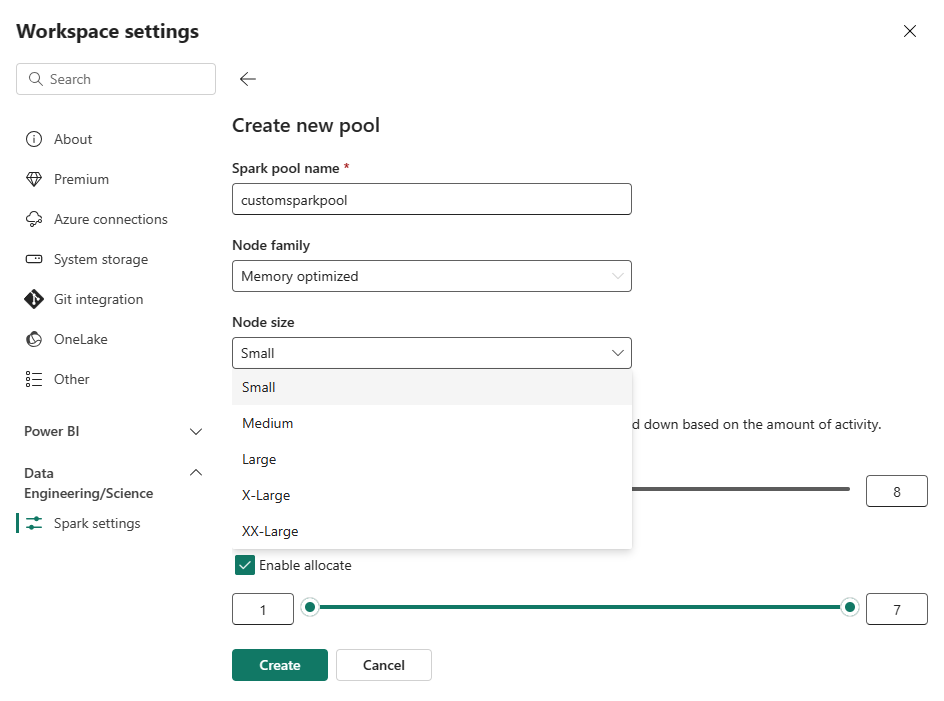 Capture d’écran montrant les options de création de pool personnalisées.