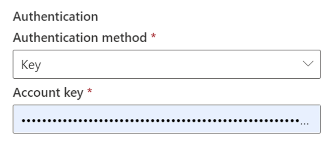 Capture d’écran montrant la méthode d'authentification de la clé pour Azure Data Lake Storage Gen2.