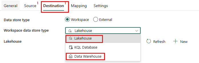 Capture d'écran montrant l’onglet de destination Lakehouse et Data Warehouse.