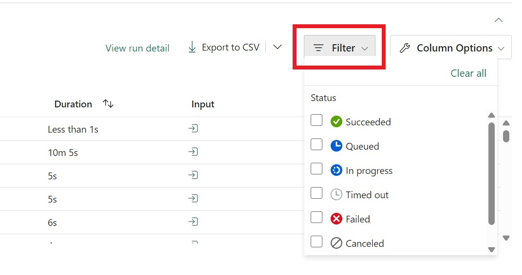 Capture d’écran des options de filtre d’exécution d’activité.