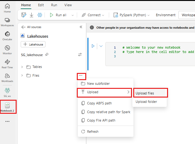 Capture d’écran montrant comment charger votre fichier dans le dossier Fichiers du lakehouse.