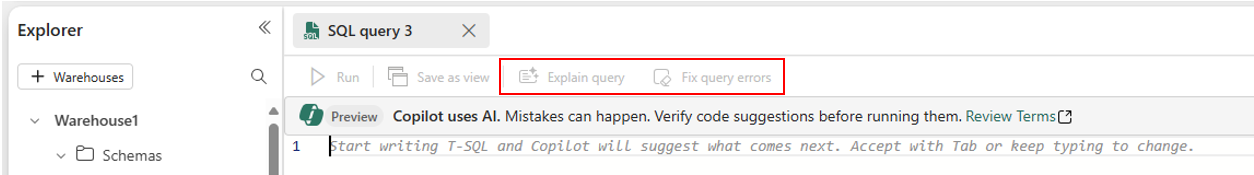 Capture d’écran du portail Fabric illustrant les boutons Expliquer et Corriger au-dessus d’une nouvelle tabulation de requête SQL vide.