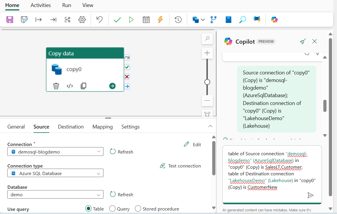 Capture d’écran montrant le Copilot demandant des détails supplémentaires dans la conversation pour terminer l’activité de copie générée.