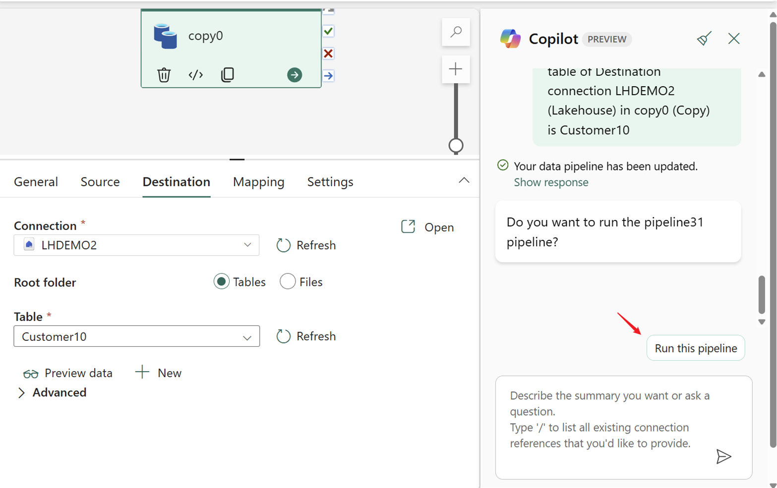 Screenshot showing the Copilot window with the Run this pipeline button highlighted.