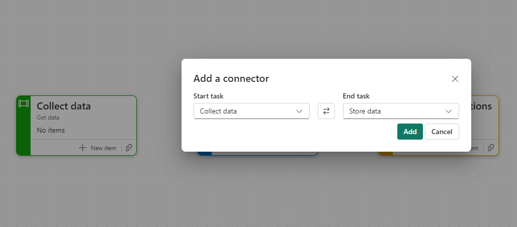 Capture d’écran montrant comment spécifier les tâches de début et de fin dans la boîte de dialogue Ajouter un connecteur.