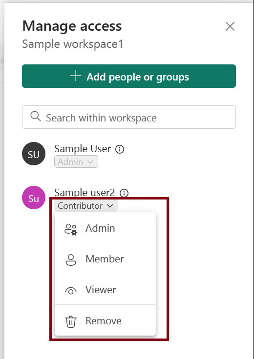 Capture d’écran de modification du rôle dans un espace de travail.