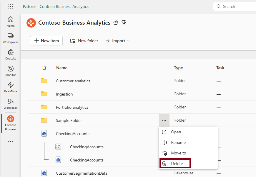 Capture d’écran montrant l'option de suppression du dossier dans le menu contextuel.