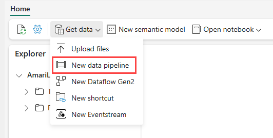 Capture d'écran montrant comment accéder à la nouvelle option de pipeline de données à partir de l'interface utilisateur.