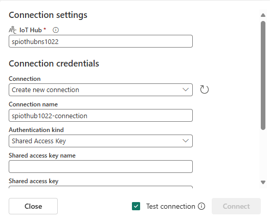 Capture d’écran montrant les paramètres de connexion du hub IoT avec le nom du hub IoT.