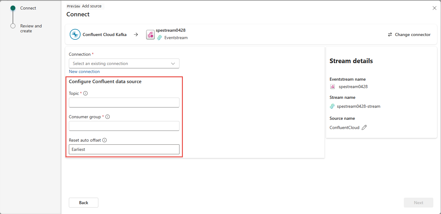 Capture d’écran montrant la deuxième page, Configurer la page de source de données Confluent, des paramètres de connexion Confluent.