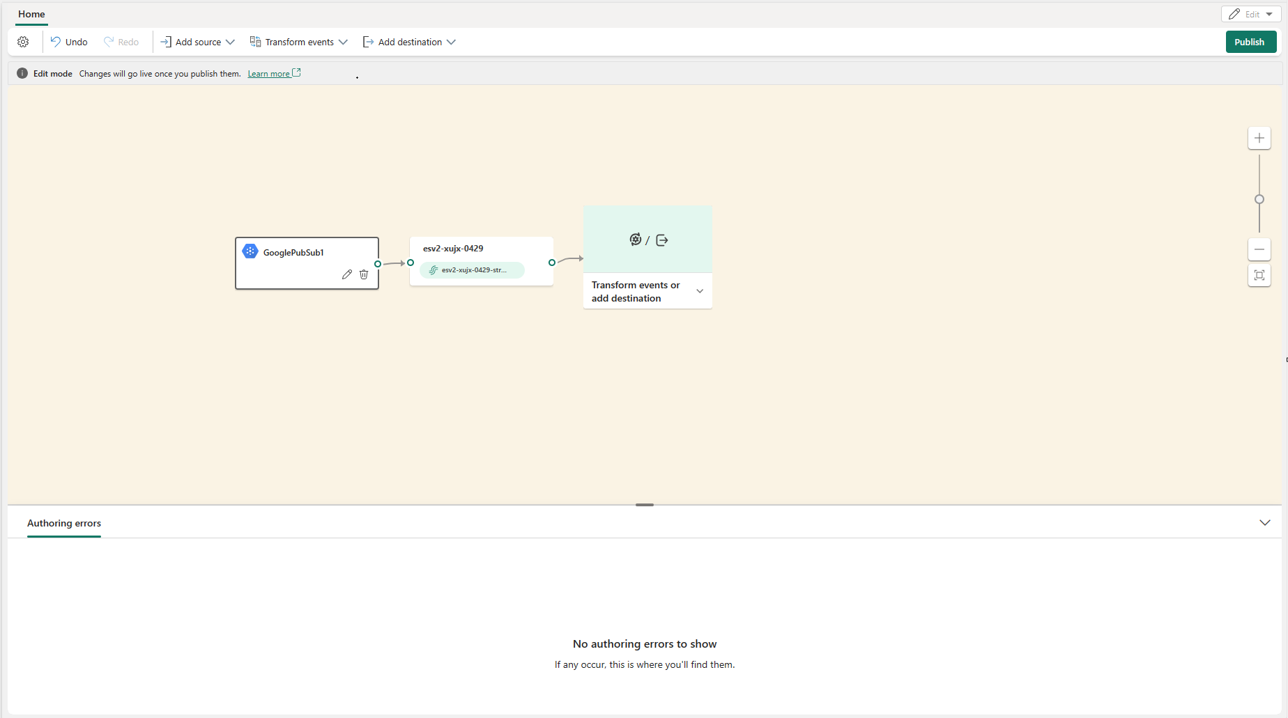 Capture d’écran de la source Google Cloud Pub/Sub ajoutée en mode Édition avec le bouton Publier mis en surbrillance.