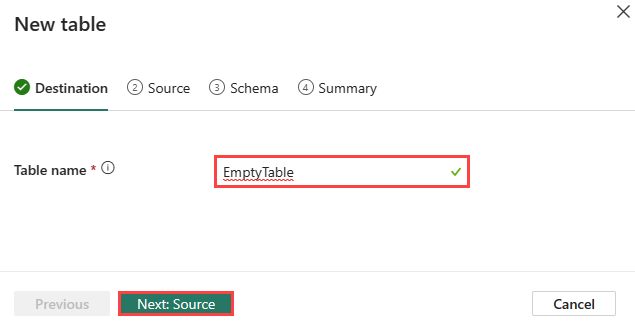 Capture d’écran de l'onglet Destination dans l'assistant de création de table dans Intelligence en temps réel. Le nom de la table est en surbrillance.