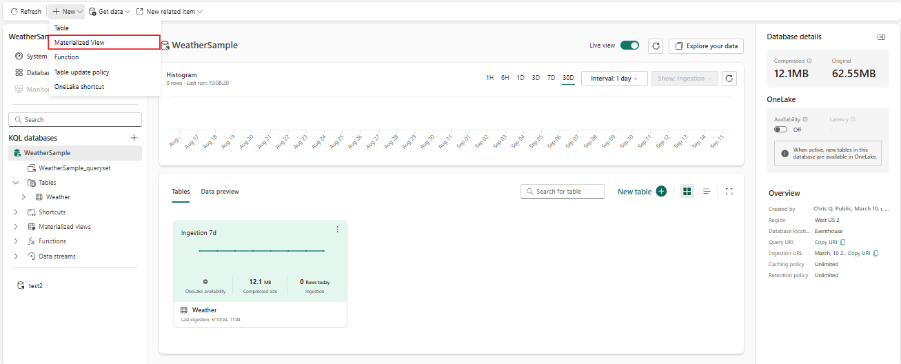 Capture d’écran d’une page d’accueil de base de données KQL montrant le menu déroulant Nouvelle option, avec l’option intitulée Vue matérialisée mise en surbrillance.