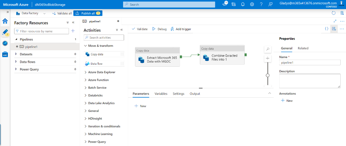 Capture d’écran de Microsoft Azure montrant l’activité de copie de données