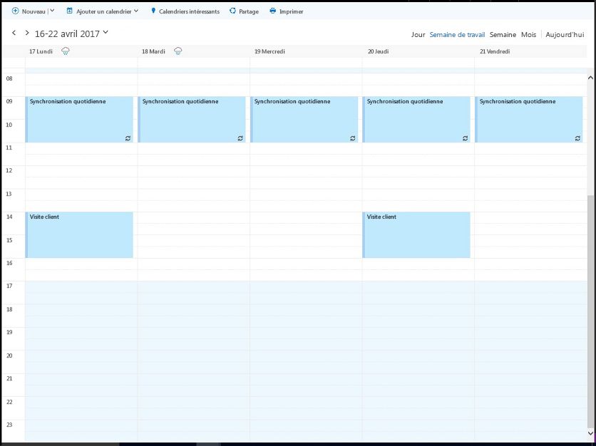 Calendrier de travail de l’organisateur du 17 au 21 avril affichant les heures de disponibilité