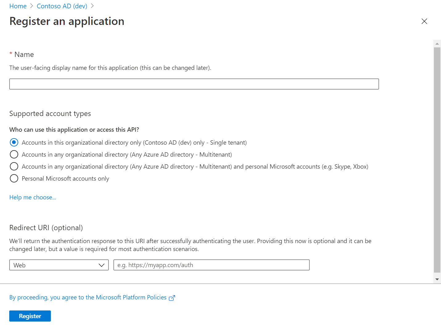 Capture d’écran du centre d’administration Microsoft Entra, montrant le volet Inscrire une application.