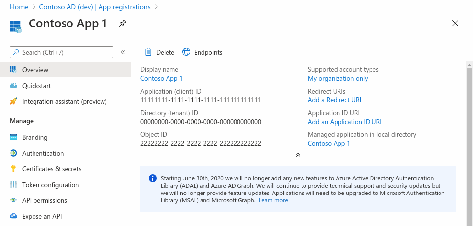 Capture d’écran du centre d’administration Microsoft Entra dans un navigateur web, montrant le volet Vue d’ensemble d’une inscription d’application.