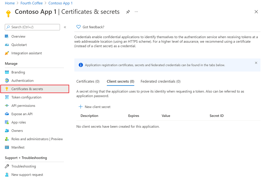 Capture d’écran du centre d’administration Microsoft Entra, montrant le volet Certificats et secrets dans une inscription d’application.