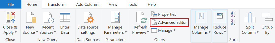 Capture d’écran de l’option Éditeur de requête avancé Power BI dans Power BI Desktop.