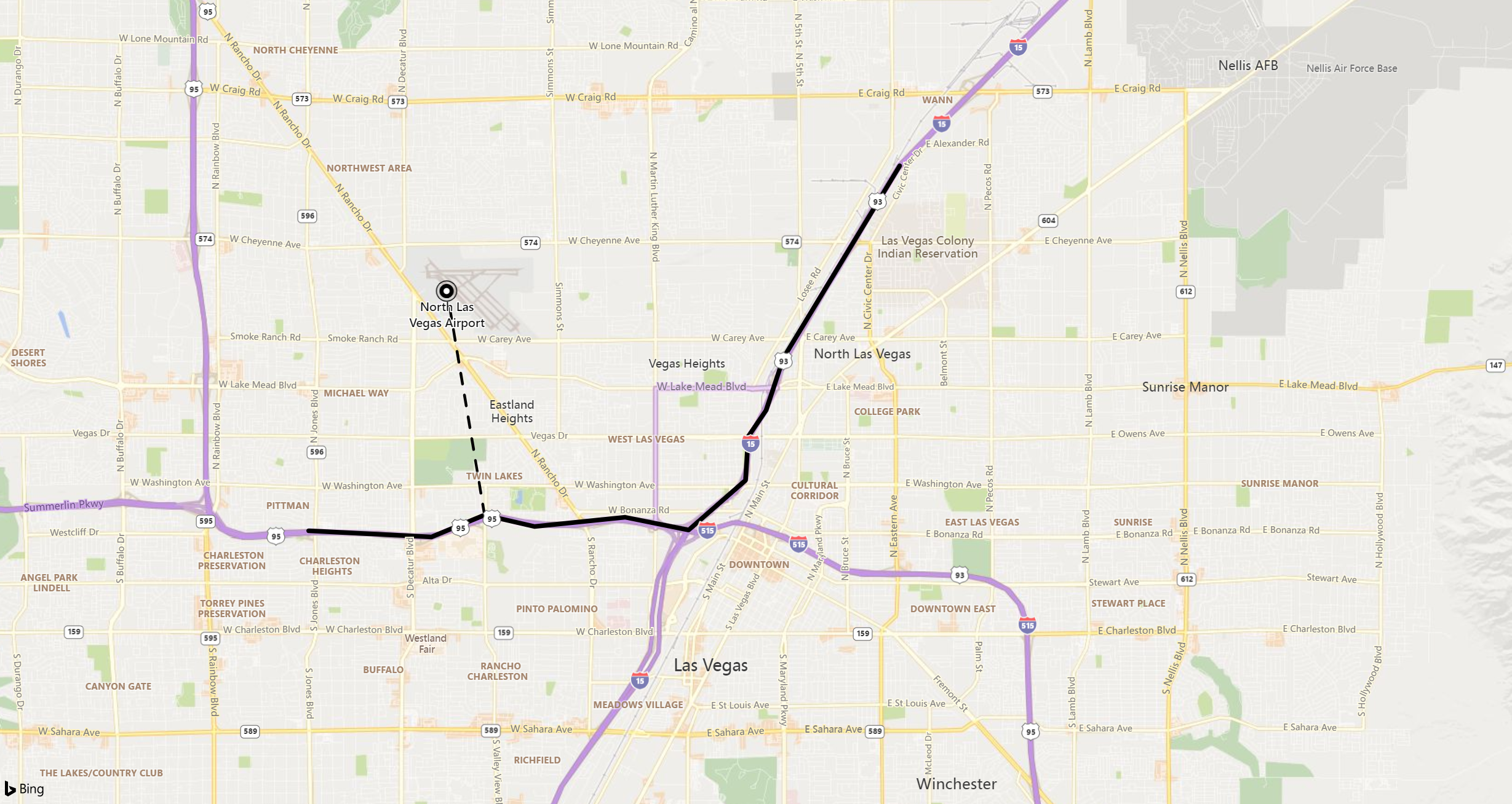 Capture d’écran d’une carte montrant la distance entre l’aéroport de North Las Vegas et une route spécifique.