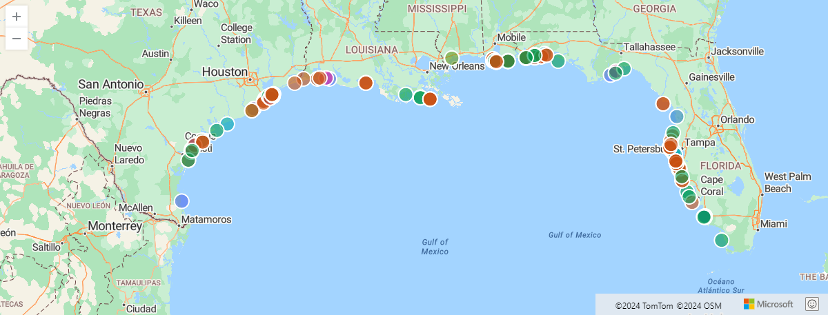 Capture d’écran des événements de tempête rendus le long de la côte sud des États-Unis.