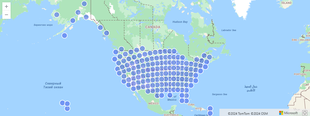 Capture d’écran d’un rendu cartographique des événements storm américains agrégés par la cellule S2.