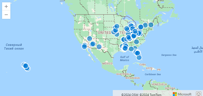 Capture d’écran d’exemples d’événements storm sur une carte.