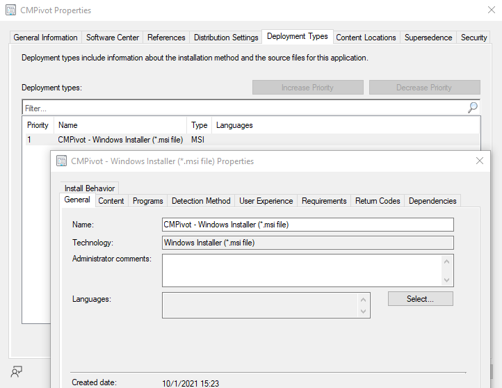 Pages de propriétés de type de déploiement et d’application CMPivot.