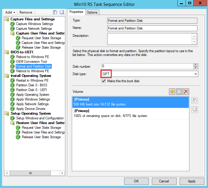 Configuration de l’étape Formater et partitionner le disque.