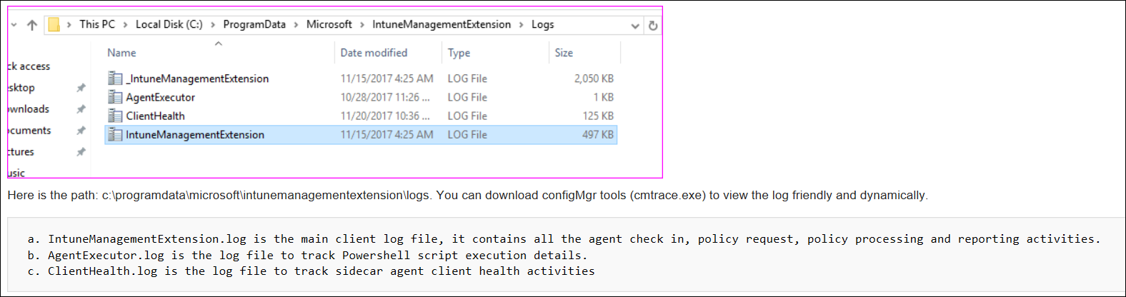 Capture d’écran ou exemples de journaux de l’agent cmtrace dans Microsoft Intune