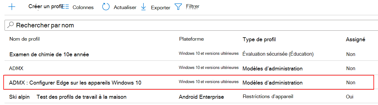 Capture d’écran du paramètre de stratégie ADMX affiché dans la liste des profils de configuration de l’appareil dans Microsoft Intune et Intune centre d’administration.