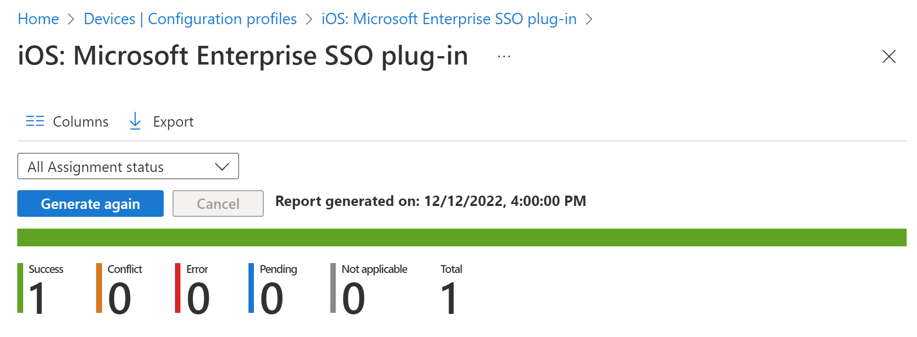 Capture d’écran montrant le rapport de déploiement de profil de configuration d’appareil iOS/iPadOS dans Intune.