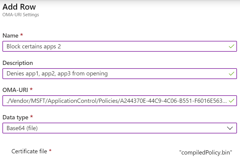 Ajoutez un OMA-URI personnalisé pour configurer le fournisseur de services de configuration ApplicationControl dans Microsoft Intune.