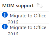 Capture d’écran montrant un paramètre Office plus ancien qui n’est pas pris en charge et suggérant la migration vers une version prise en charge dans Microsoft Intune.