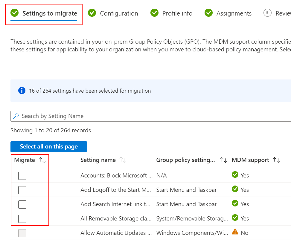 Capture d’écran montrant les paramètres à migrer et la case à cocher Migrer dans Microsoft Intune.