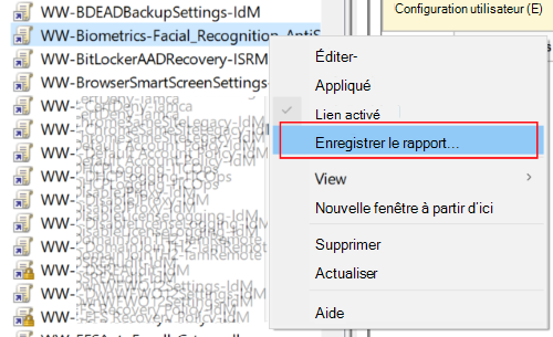 Capture d’écran montrant comment ouvrir stratégie de groupe gestion et enregistrer un objet de stratégie de groupe sous forme de rapport de fichier XML.