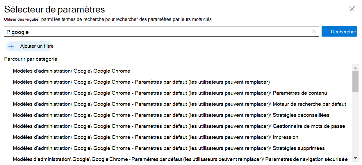 Capture d’écran montrant les paramètres Google Chrome dans le catalogue de paramètres intégrés à Microsoft Intune et au Centre d’administration Intune. Utilisez ces paramètres pour créer et configurer une stratégie Google Chrome sur les appareils Windows.