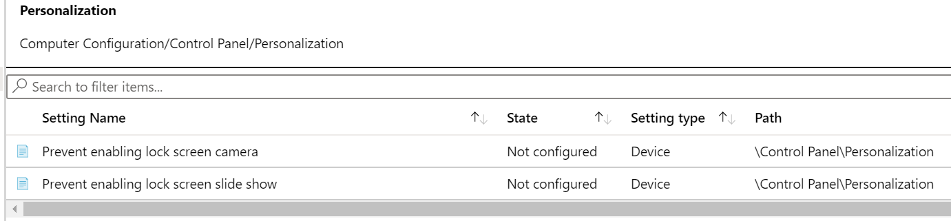 Capture d’écran montrant le chemin du paramètre de stratégie de personnalisation dans Microsoft Intune.