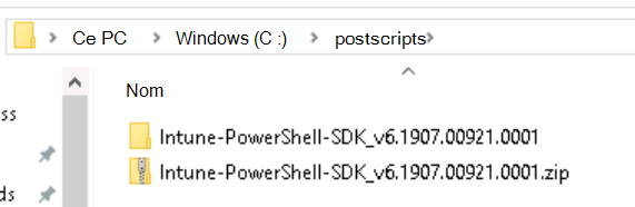 Capture d’écran montrant la structure de dossiers Intune sdk PowerShell après l’extraction.