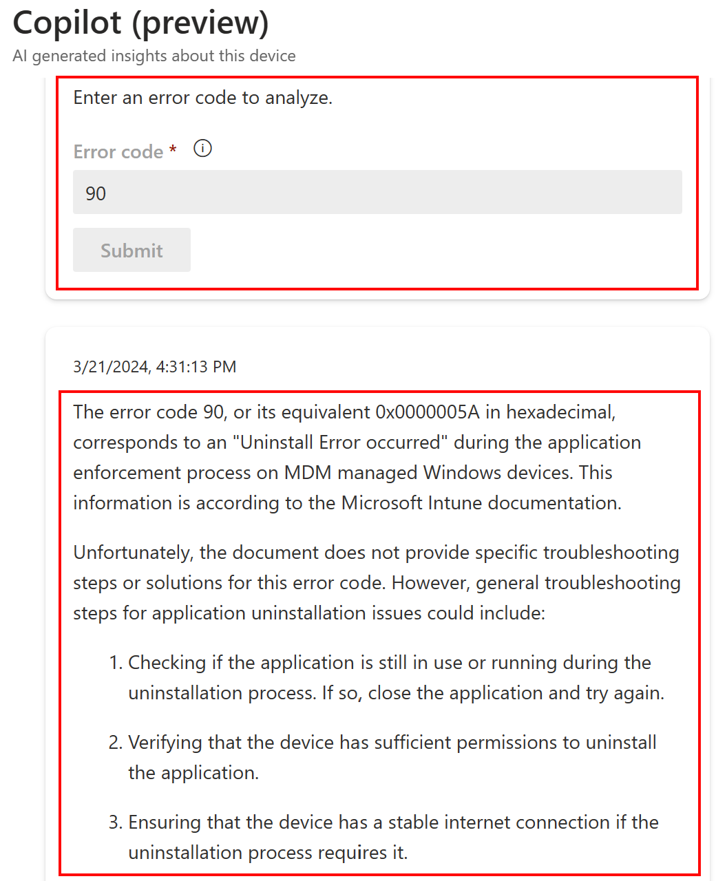 Capture d’écran montrant la fonctionnalité Analyser un code d’erreur dans Copilot après avoir sélectionné un appareil dans Microsoft Intune ou Intune centre d’administration.